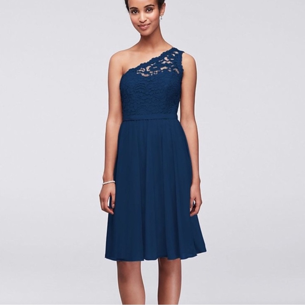 David’s Bridal Navy Blue One-Shoulder Lace Bridesmaid Dress